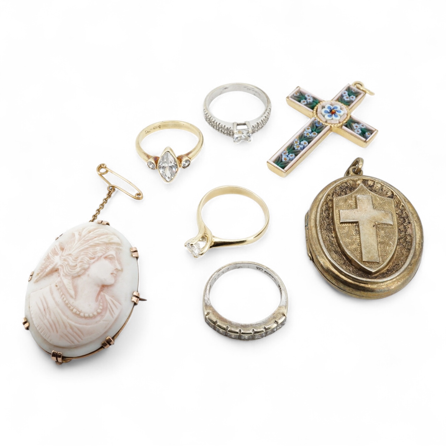 Two modern 9ct gold and cubic zirconia set rings, including white gold, two other simulated diamond set rings, together with an Italian cross pendant, a cameo brooch and an oval gilt metal locket.